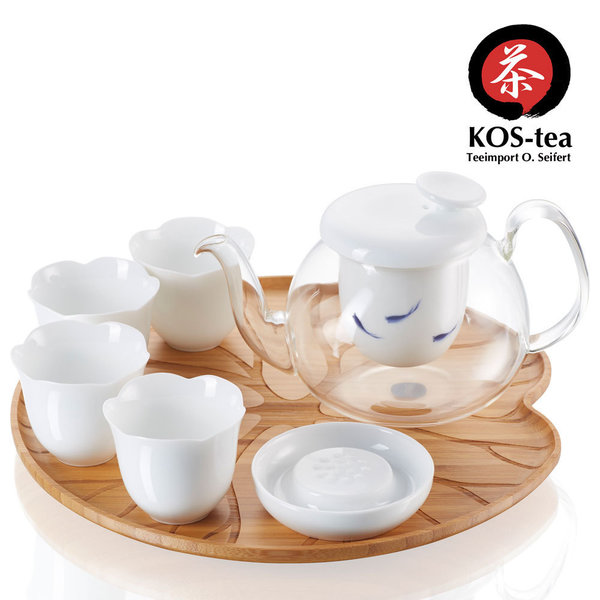 Lotus and Fish Set, Tea Pot, 4 cups, wooden tray